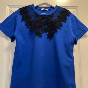 Elegant Blue T-shirt with Black Lace Detail